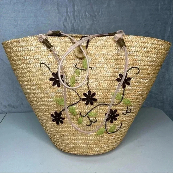 Unbranded Woven  Straw Raffia Beach Large Lined Floral Sequins‎ Tote Basket - Picture 1 of 15